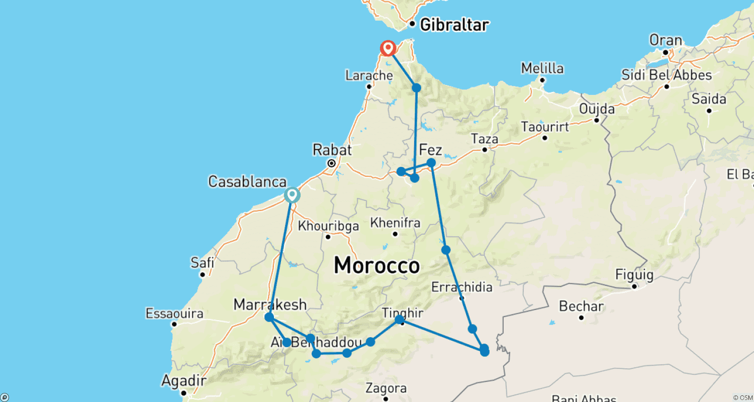 خريطة مسار جولات خاصة لمدة 10 أيام من الدار البيضاء إلى طنجة (جولة في المغرب)