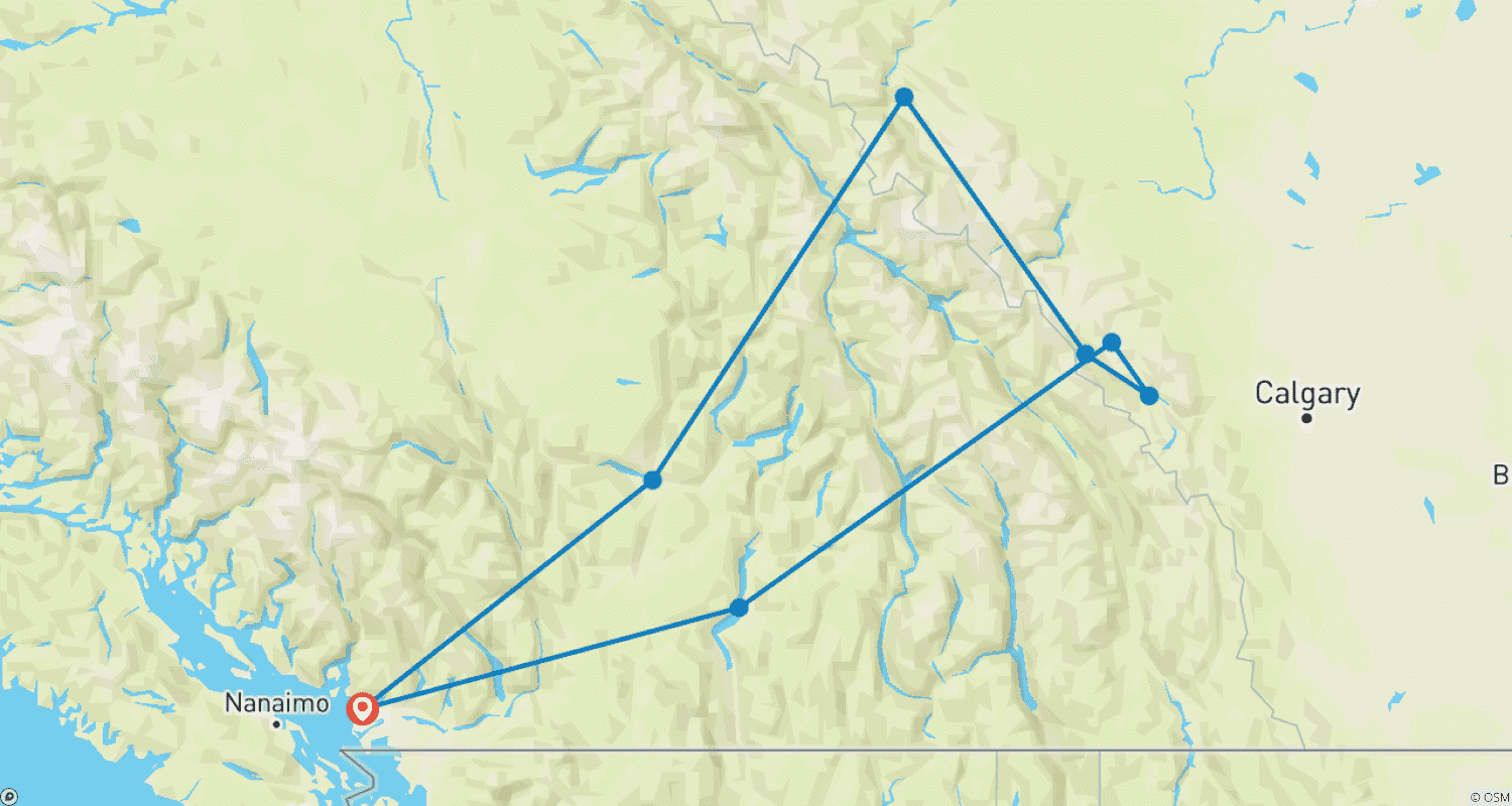 Mapa do percurso de Viagem de 5 Dias pelas Montanhas Rochosas Canadenses, Ida e Volta de Vancouver, com a Experiência Rocky Mountaineer
