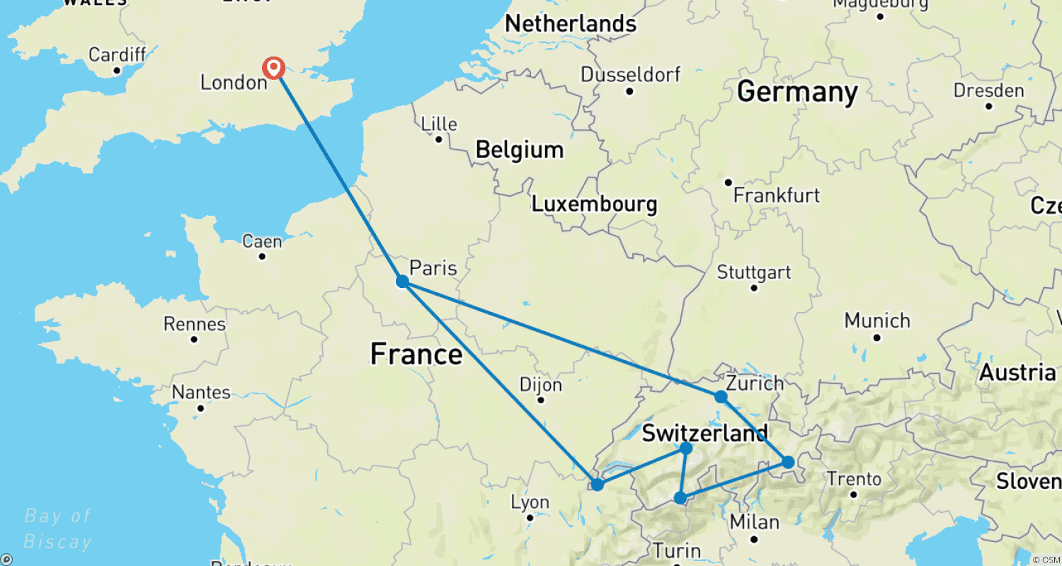 Mapa do percurso de Glacier Express: 2 Weeks - Self Guided Rail Tour