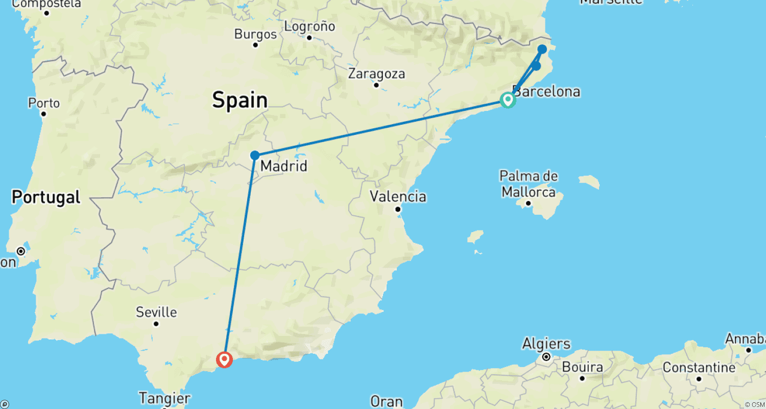 7 Day Spain Barcelona,Madrid And Malagaのルートマップ