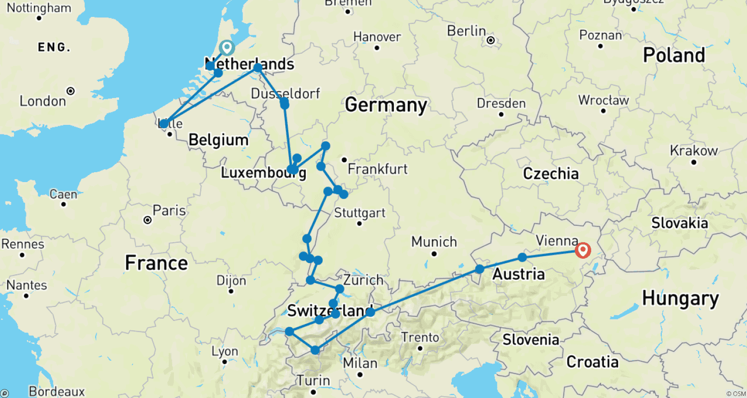 خريطة مسار Romantic Rhine & Moselle with Wonders of Switzerland & Austria 2026 - 29 Days (40 destinations)