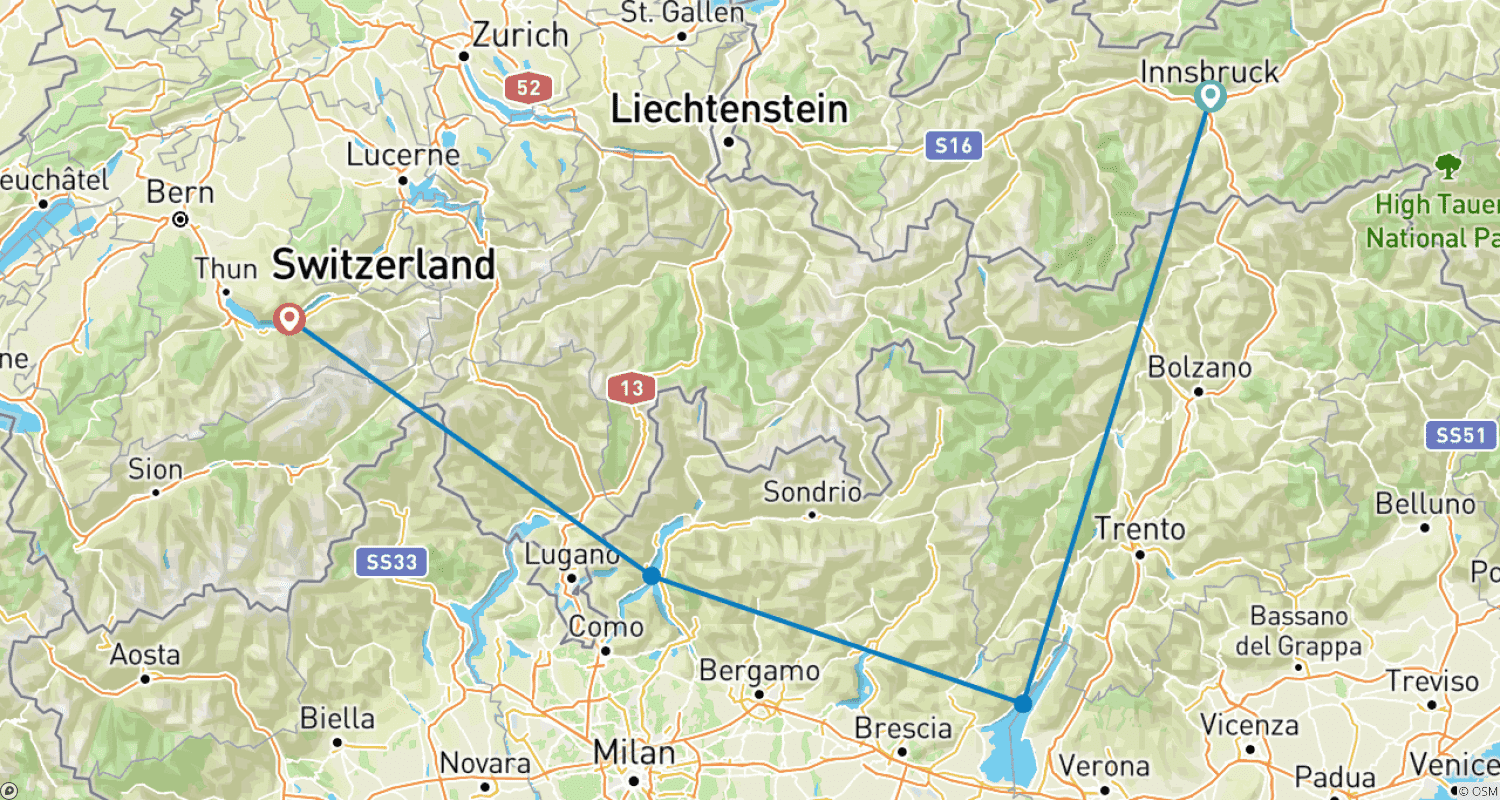 Mapa trasy: Alpy i Jeziora Grupa Premium | 1 Tydzień