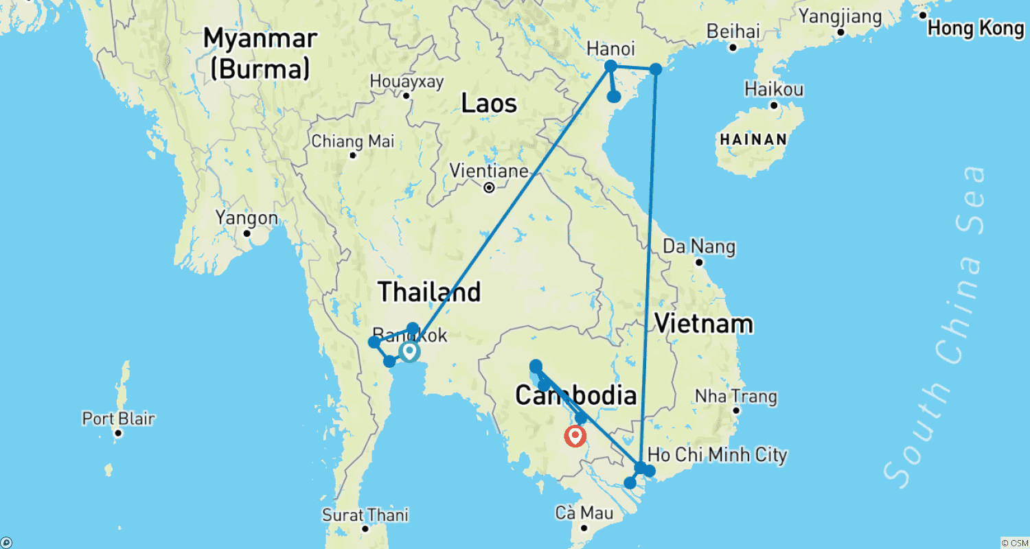 Mapa do percurso de Notável Viagem pela Tailândia – Vietnã – Camboja em 14 dias