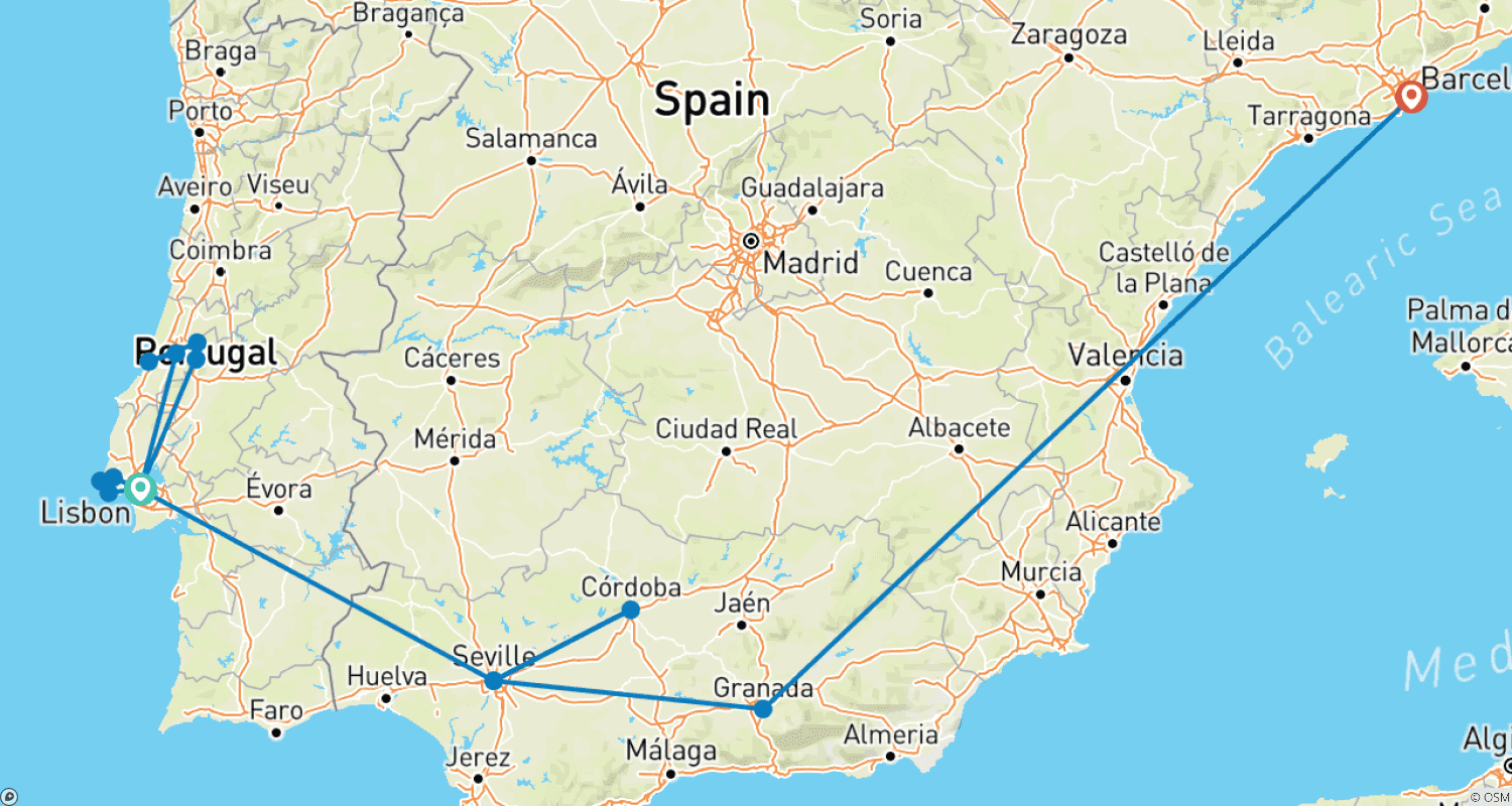 Mapa trasy: Smaki i Flamenco: Przygoda w Portugalii i Hiszpanii