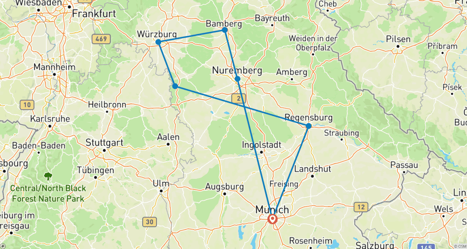 Mapa trasy: Do Bawarii i dalej! - Samodzielna wycieczka kolejowa
