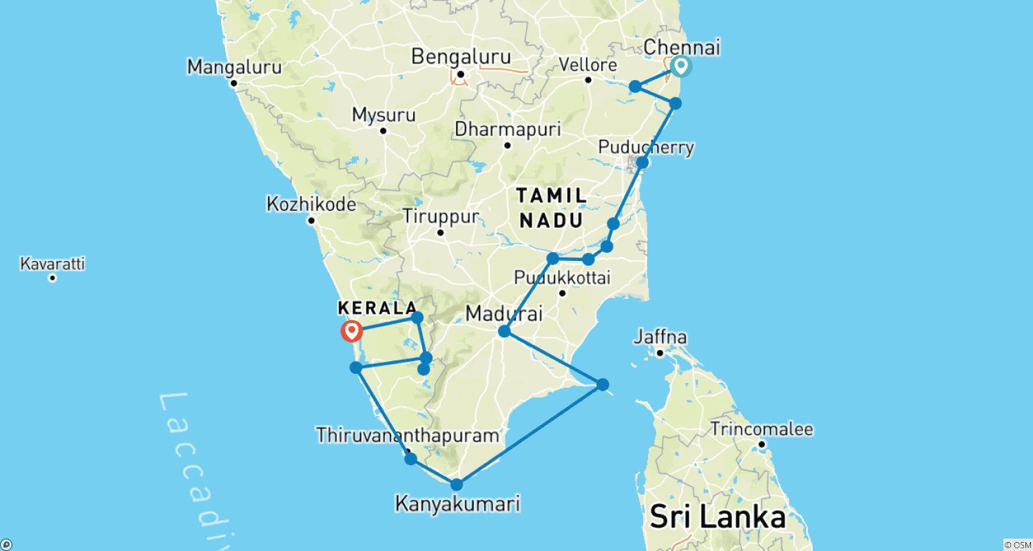 Mapa do percurso de O Melhor do Sul da Índia com Kerala: 19 Noites / 20 Dias