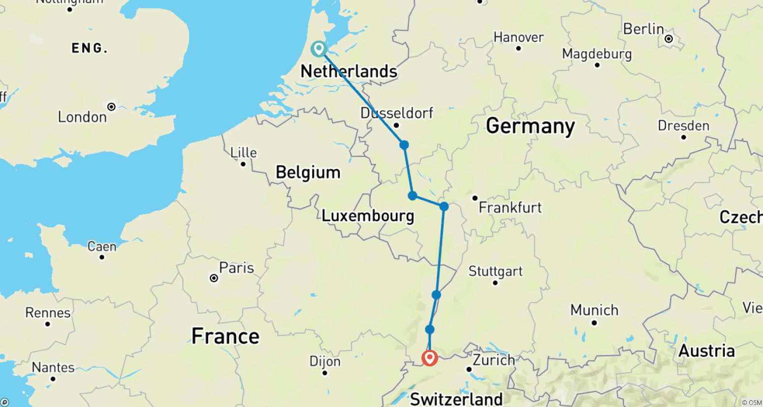 خريطة مسار The Rhine and Moselle Amsterdam → Basel (2026)