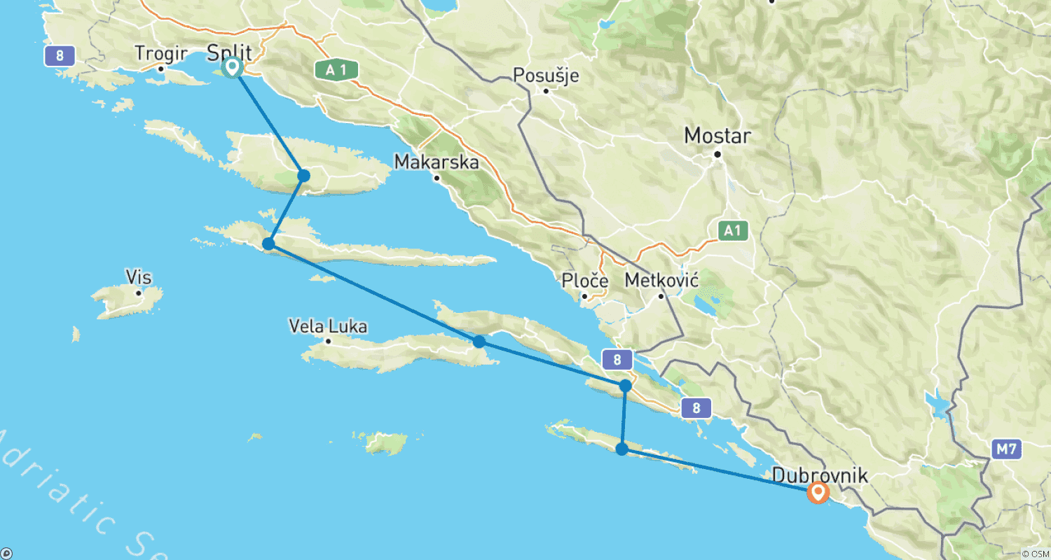 Mapa do percurso de Croatian Islands Walking Holiday | From Split to Dubrovnik
