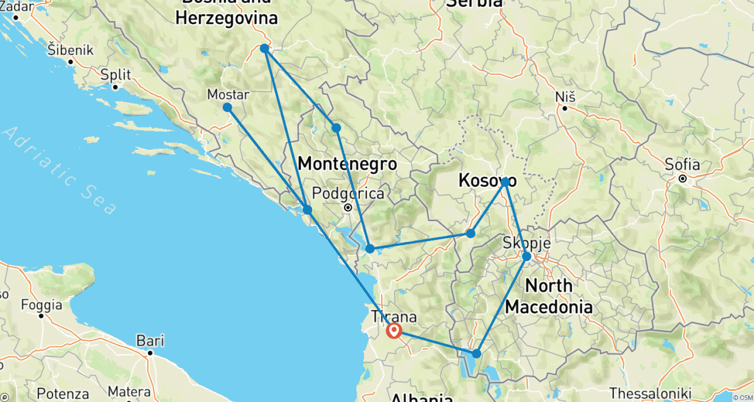 Mapa do percurso de A Excursão pelos Balcãs: 5 Países em 6 Dias partindo de Tirana, Albânia