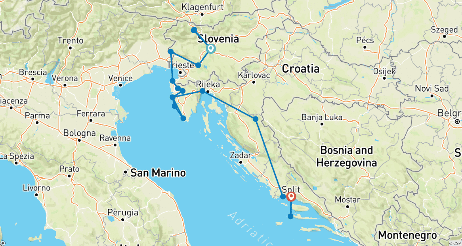 Mapa trasy: Słowenia do Split (Superior) - 9 dni