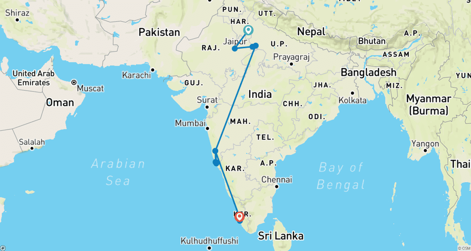 Mapa do percurso de Triângulo Dourado com Goa e Kerala: Maravilhas Históricas e Encanto Costeiro