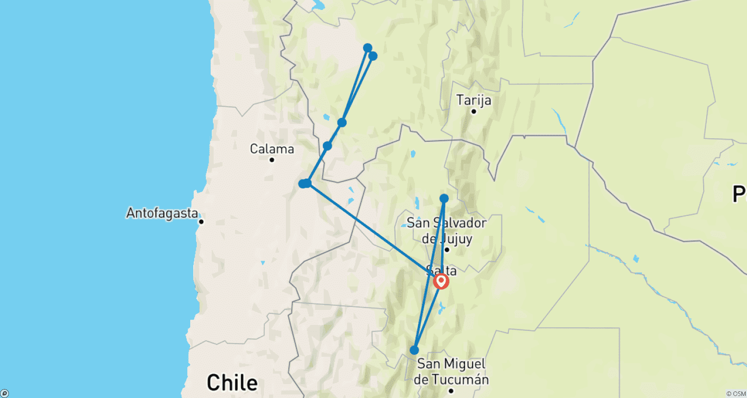 Mapa trasy: Salta, San Pedro de Atacama i Salar de Uyuni: Argentyna, Chile i Boliwia