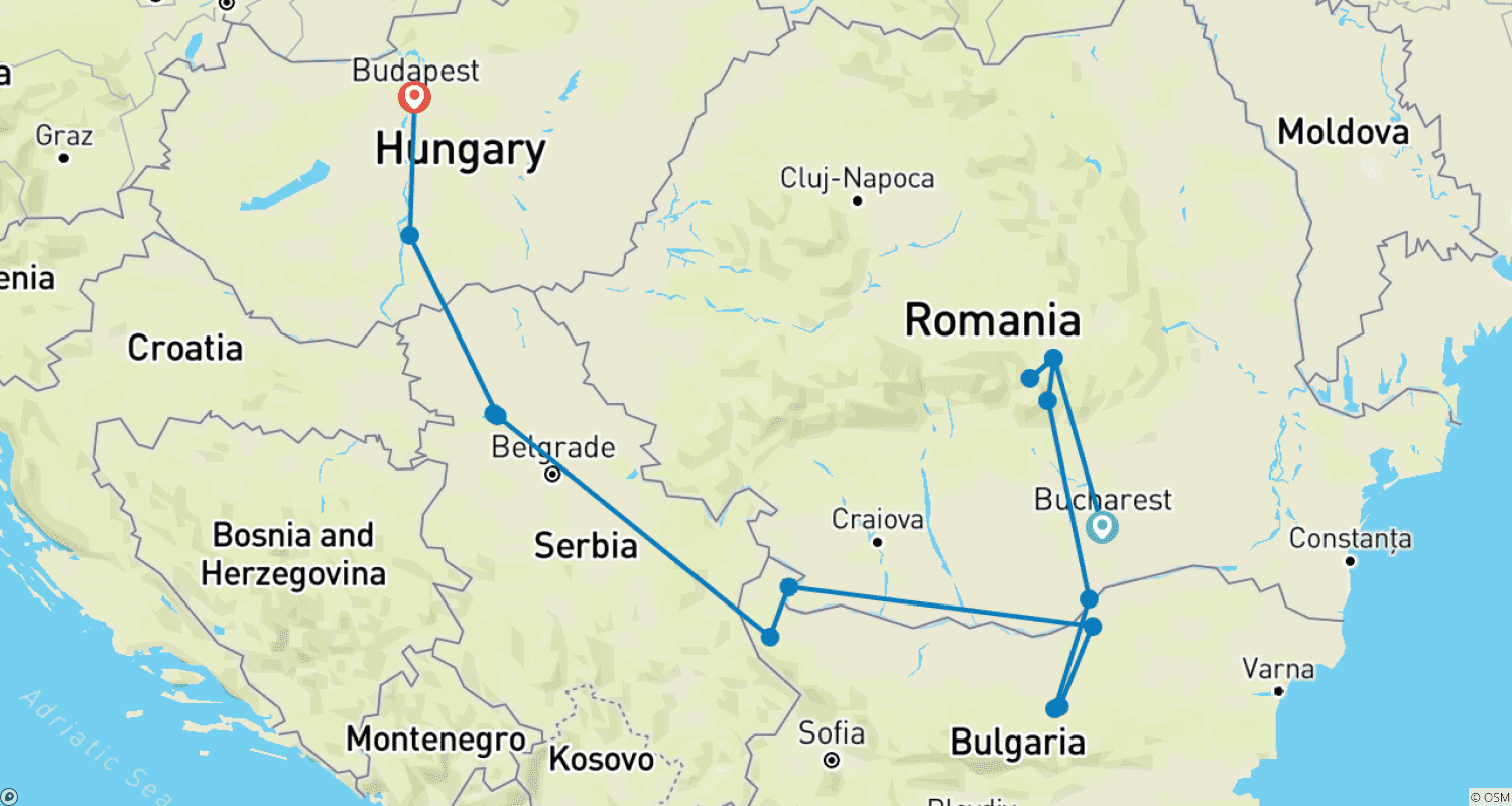 Mapa do percurso de Lendas dos Balcãs com Transilvânia Bucareste → Budapeste (2026)