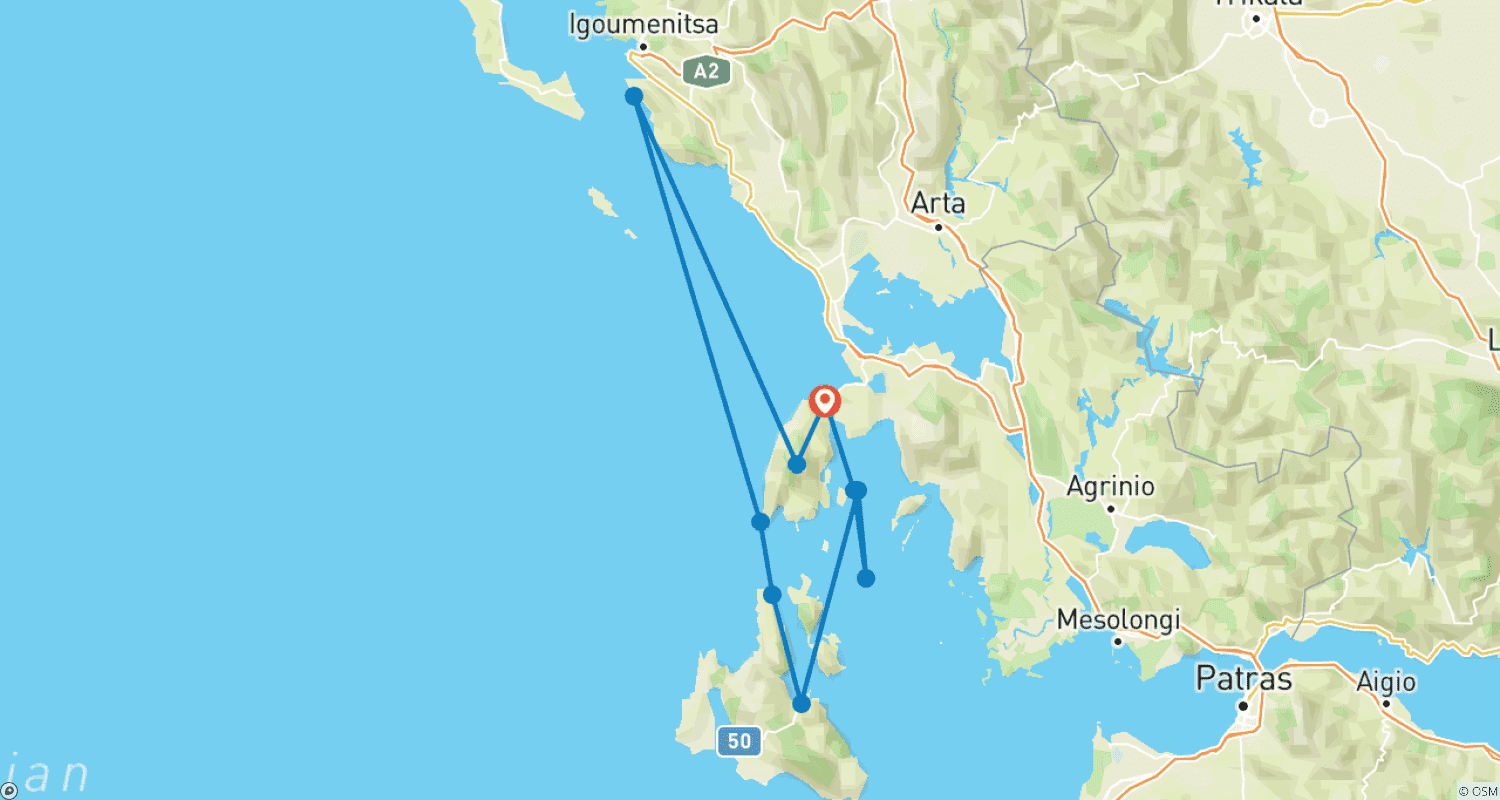 Mapa do percurso de Semana do Vinho na Grécia - Mar Jônico