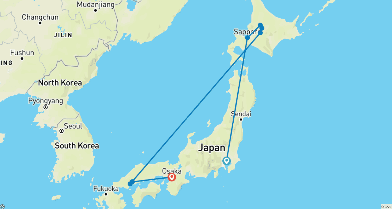 Mapa trasy: Kraj Wschodzącego Słońca: 12-dniowa ikoniczna wycieczka po Japonii