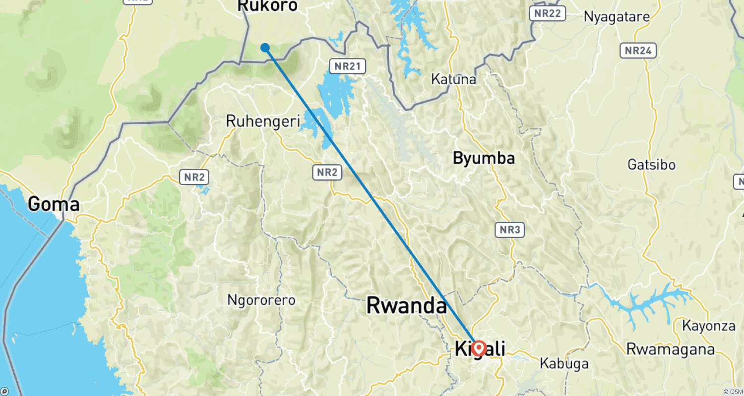 Mapa do percurso de 3 Dias de Rastreamento de Gorilas no Parque Nacional de Mgahinga, Via Ruanda