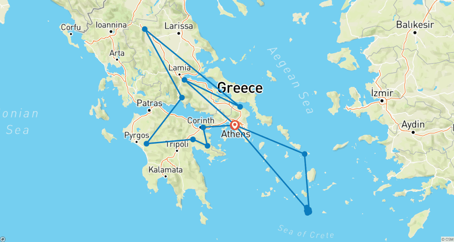 Mapa do percurso de Pequeno Grupo - 8 Dias/7 Noites Explore a Grécia: Tour Clássico Noturno (incluindo taxas de entrada em sítios arqueológicos e Guia Turístico Licenciado) com Mykonos e Santorini