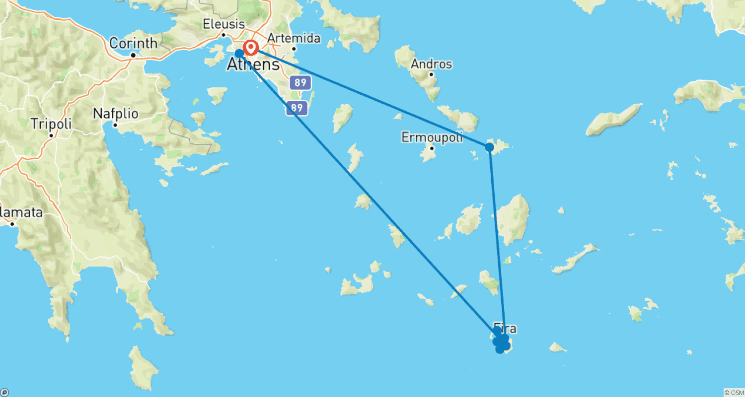 Mapa do percurso de Pequeno Grupo - 4 Dias/3 Noites O Melhor das Cíclades: Explore Mykonos e Santorini com Tours Guiados