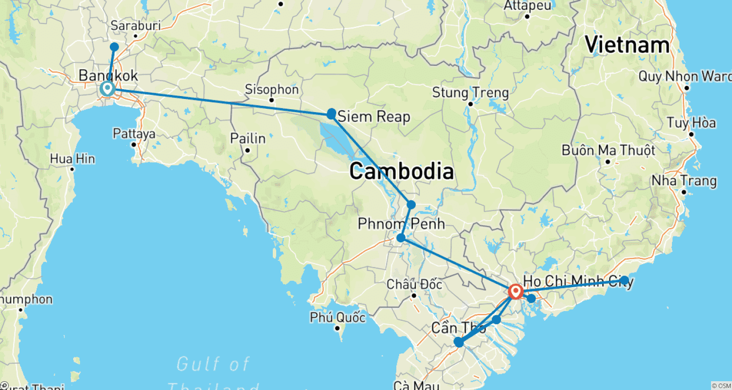 Mapa do percurso de Viagem pela História, Cultura e Descanso na Praia na Tailândia, Camboja e Vietnã em 14 Dias