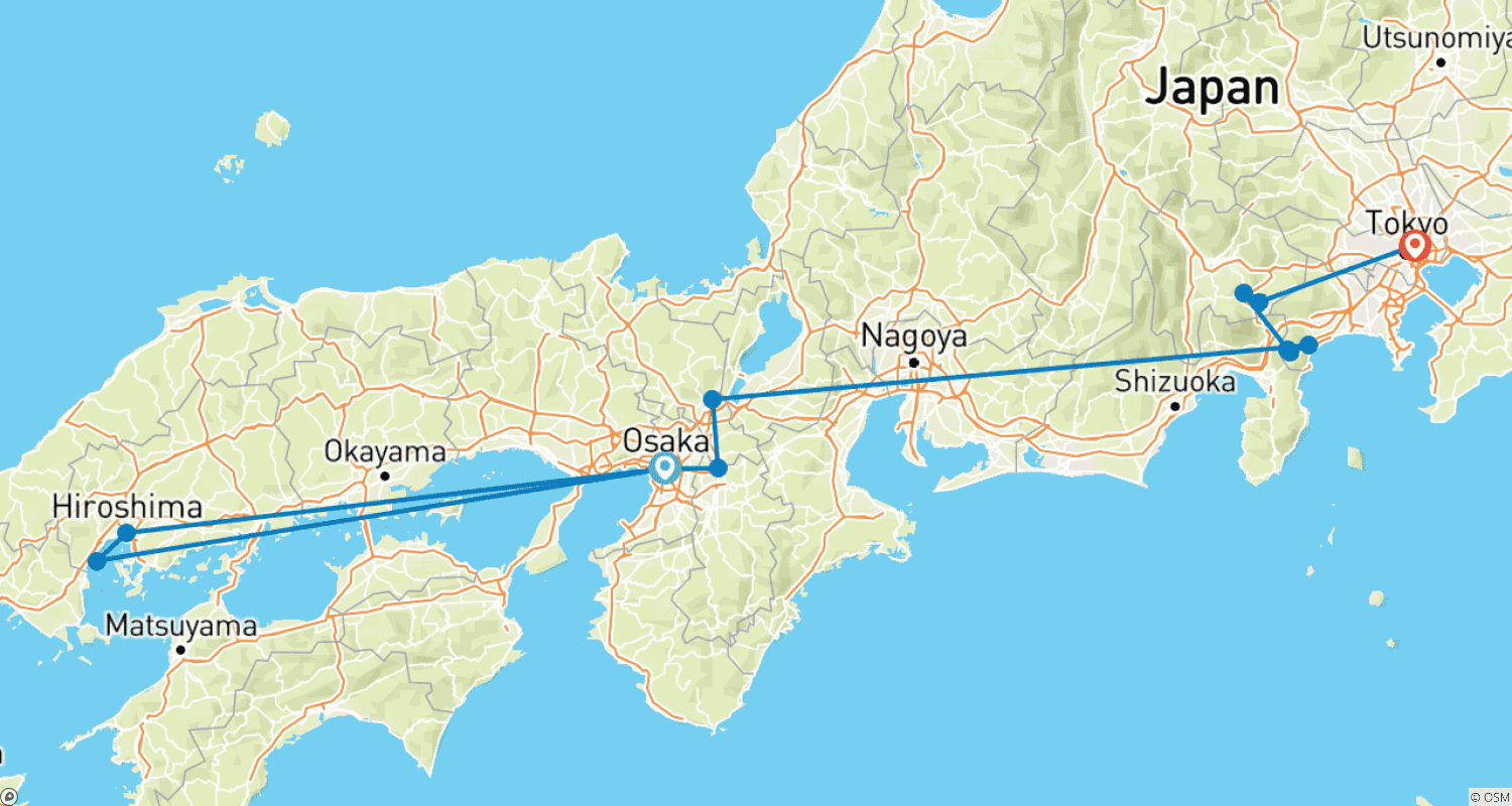 Mapa trasy: 10 dni Japonia – zachwyty z Hiroszimą (prywatny przewodnik, bez grupy) – wycieczka rodzinna, do dostosowania