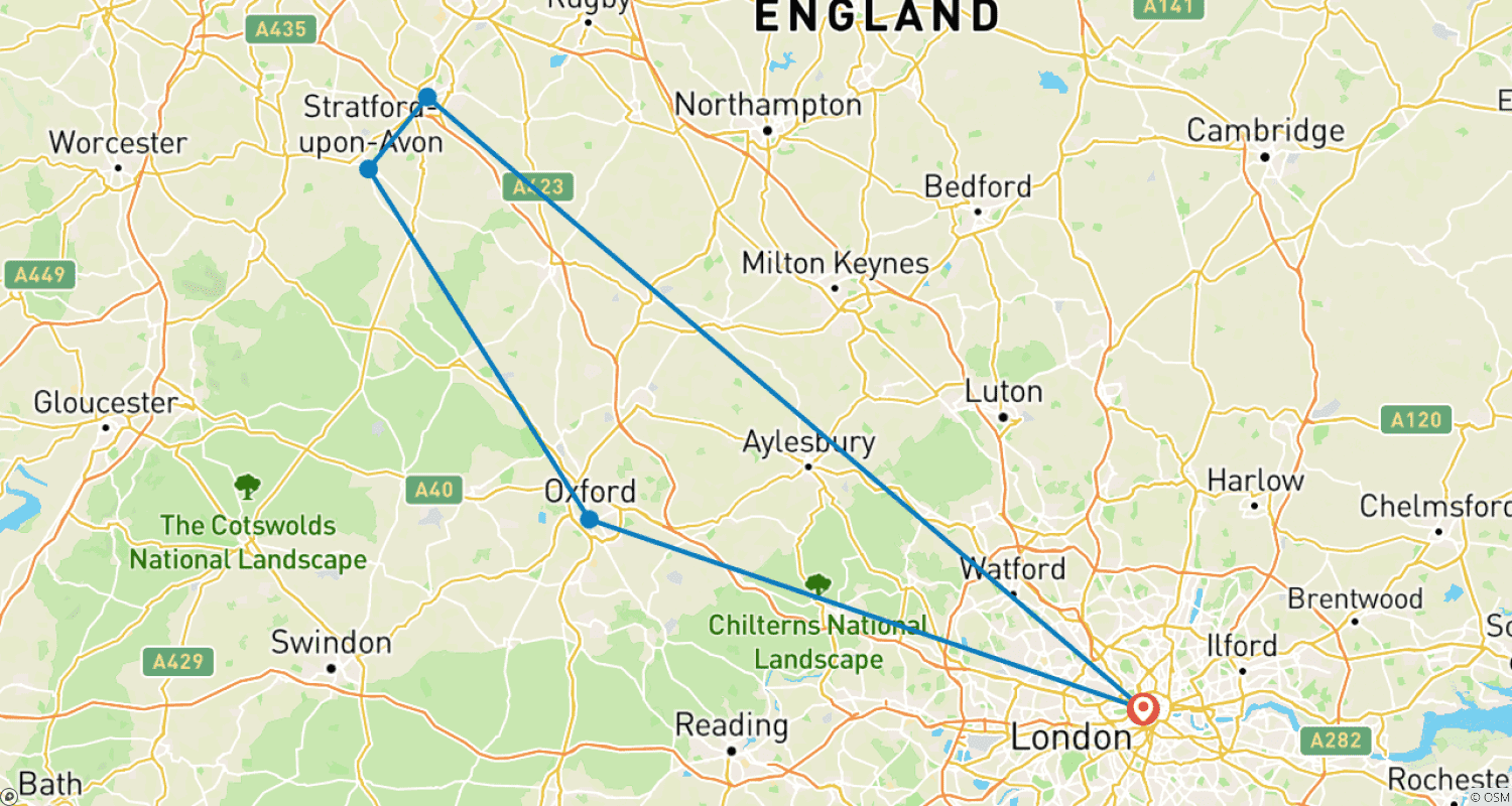 Mapa trasy: 5-dniowa wycieczka: Londyn, Oxford, Stratford i Warwick
