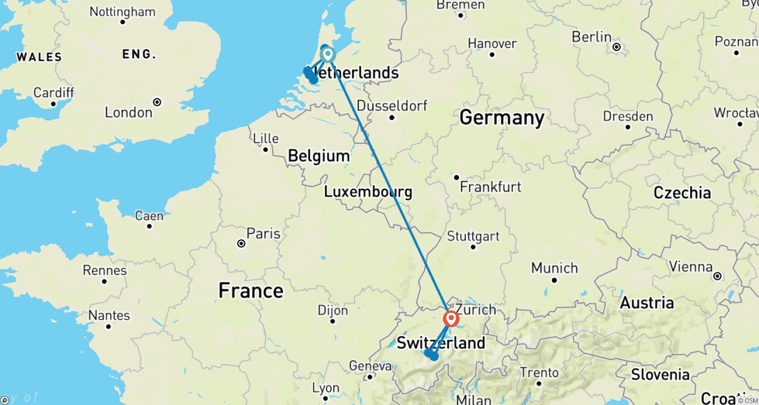 7 Day Amsterdam And Zurich By Trainのルートマップ