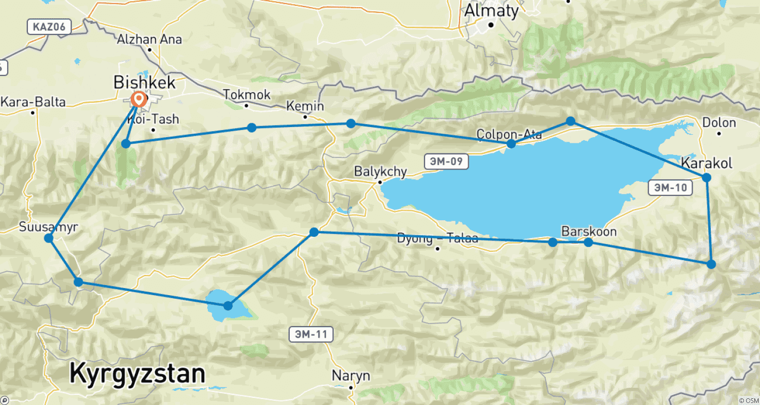 14 days tour in Kyrgyzstanのルートマップ