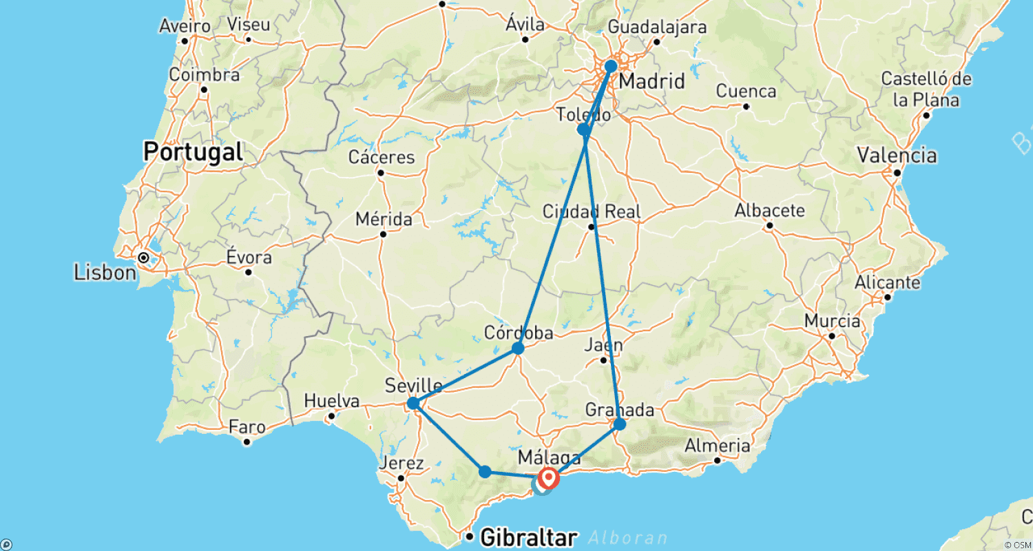 Mapa do percurso de Da Costa do Sol: 5 Dias Andaluzia e Madrid