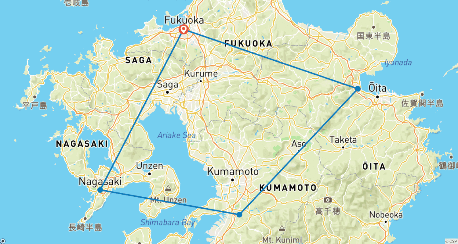 Kyushu Highlights 8 daysのルートマップ