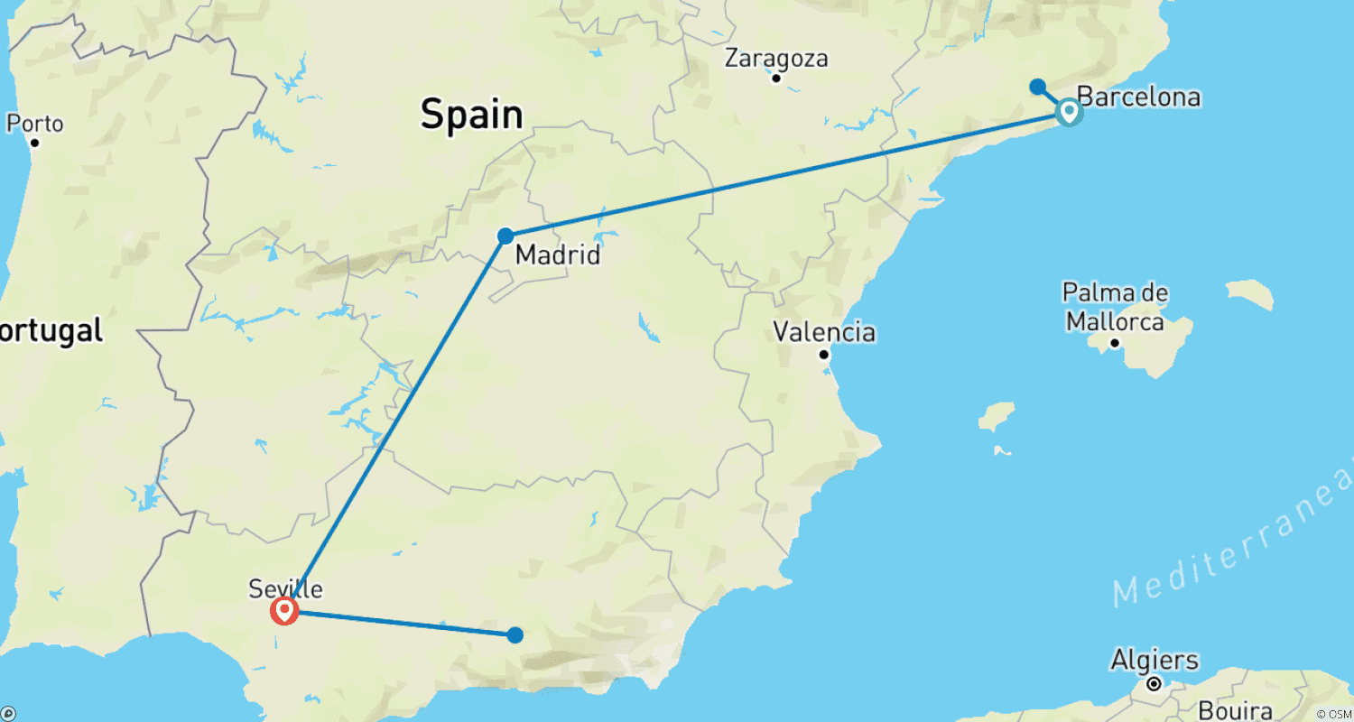 Mapa trasy: Barcelona i Sewilla w tydzień