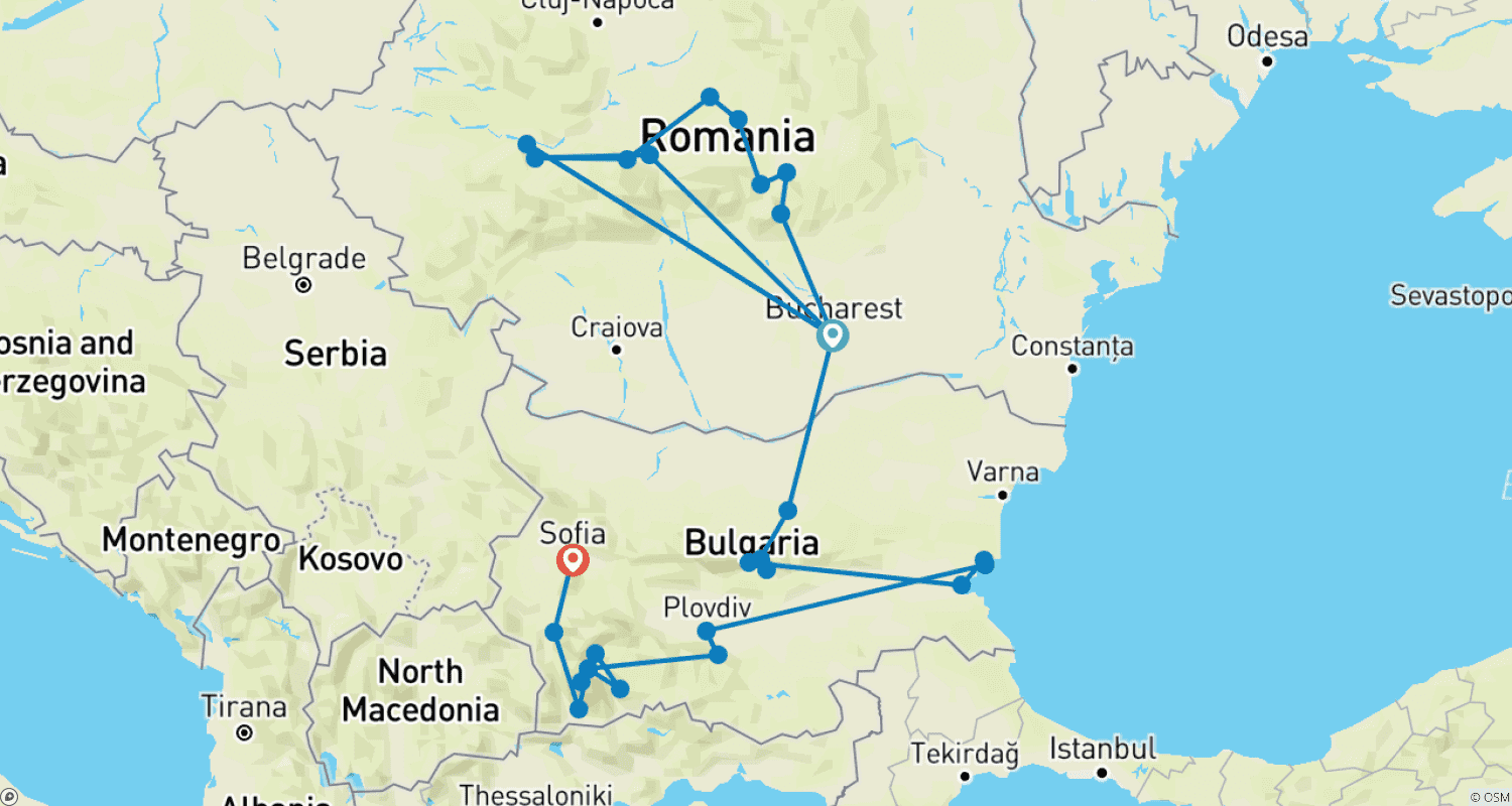 Mapa trasy: Najlepsze z Rumunii i Bułgarii – Samochodowa wycieczka objazdowa