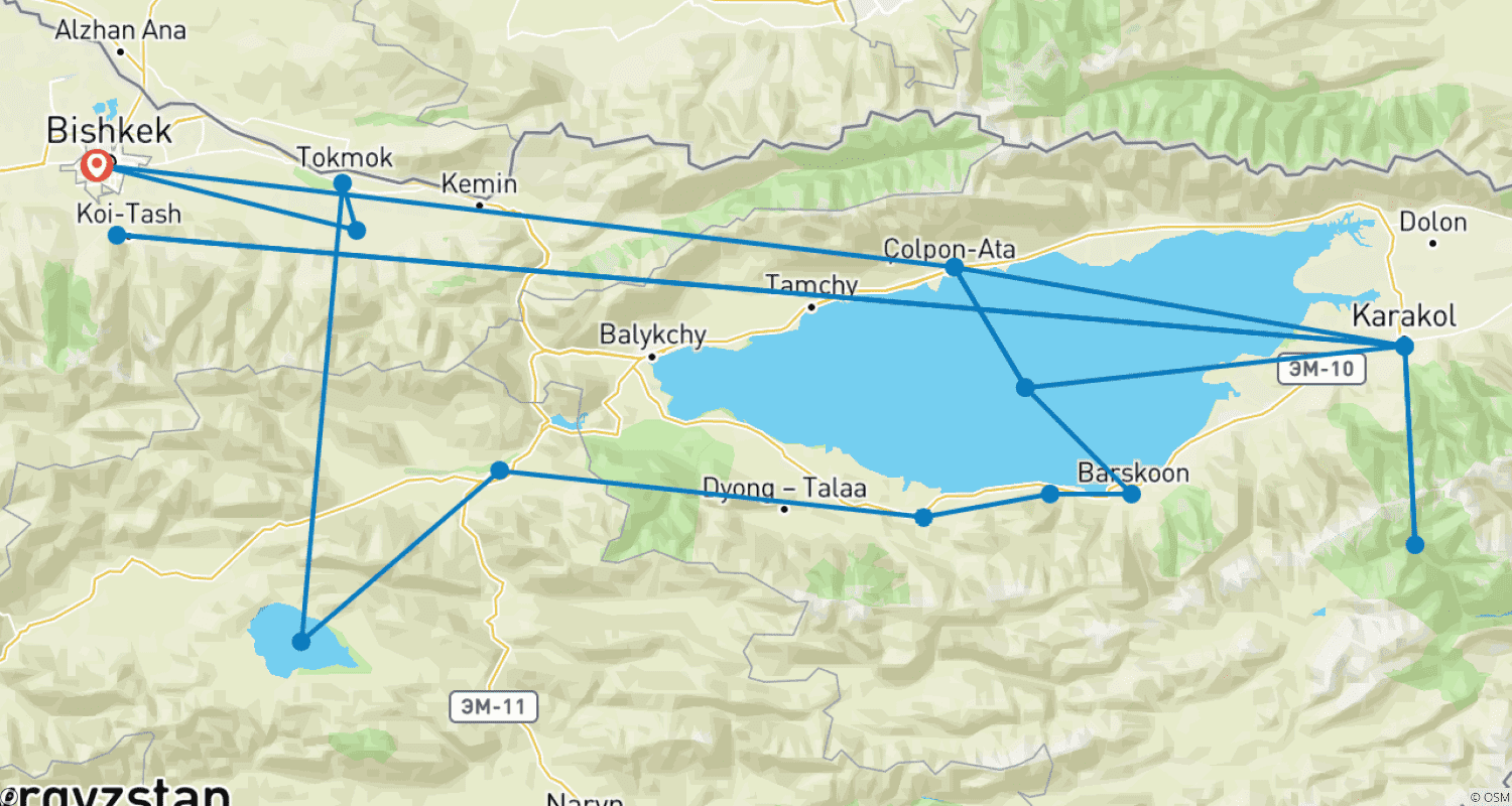 Mapa do percurso de Excursão de Aventura Mista Quirguistão 8 Dias 7 Noites, Cholpon Ata, Altyn Arashan, Jeti Oguz, Barskoon, Kochkor, Moldo Ashu Pass, Son Kul, Kalmak Ashu Pass, Bishkek