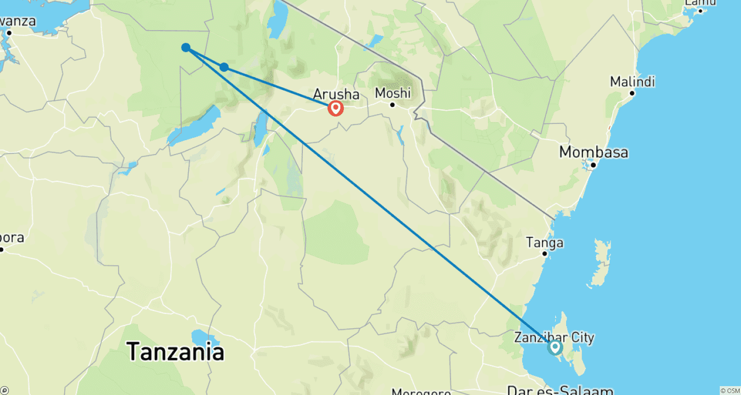 Mapa do percurso de 3-Day Fly in &out Zanzibar to Serengeti & Ngorongoro