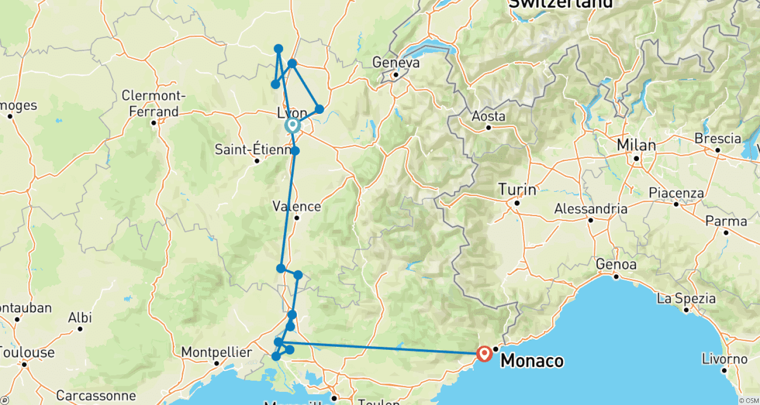 Mapa trasy: Idylliczny Rodan 2026|2027 - 8 dni (z Lyonu do Nicei)