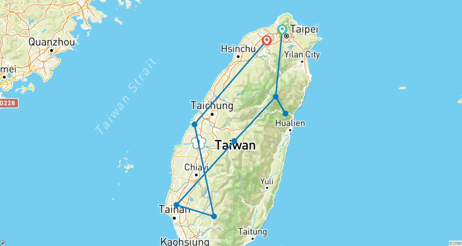 【Taiwan】7 Days Discover Formosa Tour Packageのルートマップ