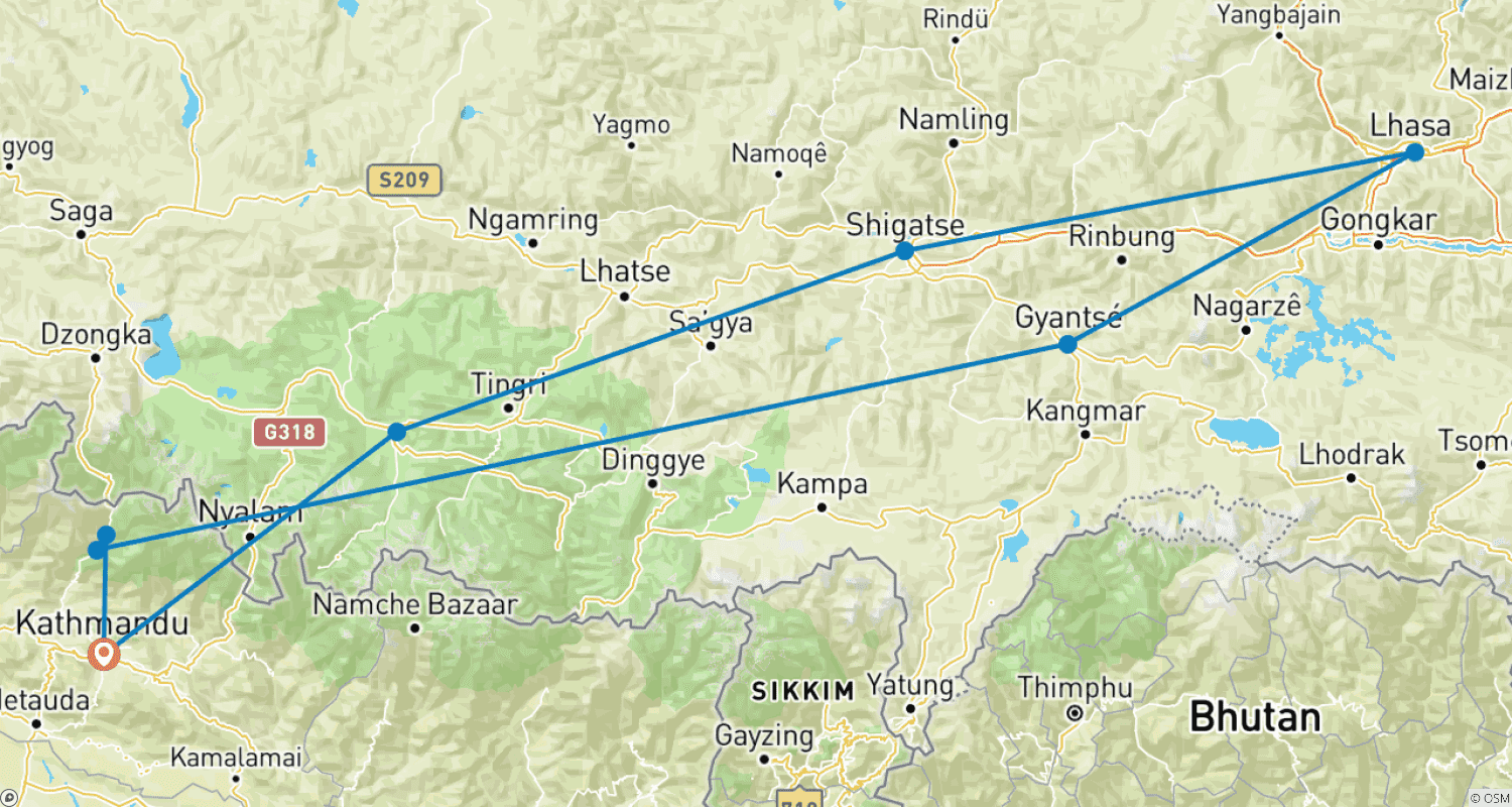 Mapa trasy: Tibet Group Joining Tour -8 days