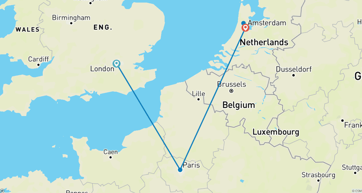 Mapa do percurso de London, Paris and Amsterdam in 8 days