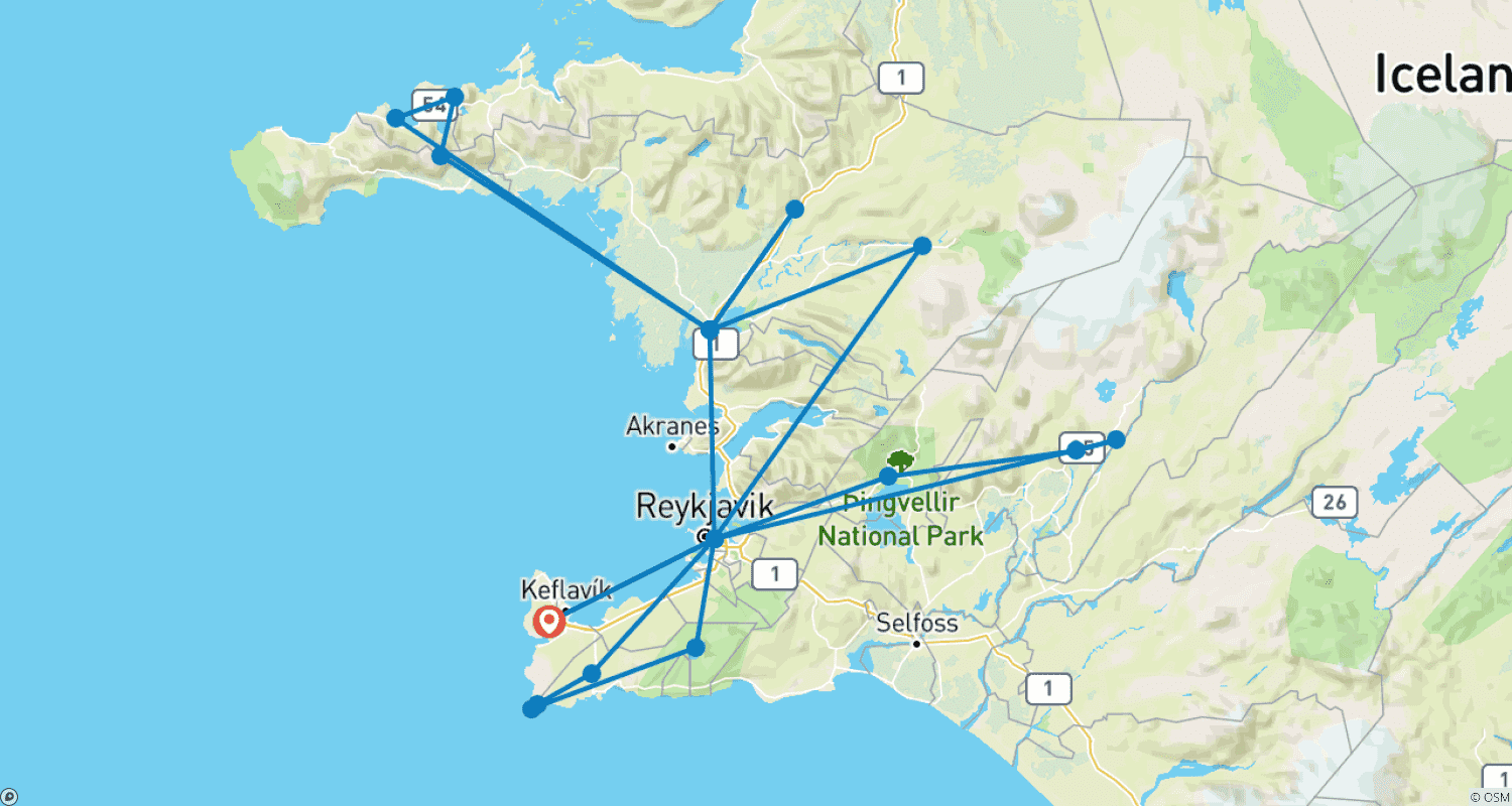Mapa trasy: 8 Days West Iceland & Solar Eclipse Break Small Group