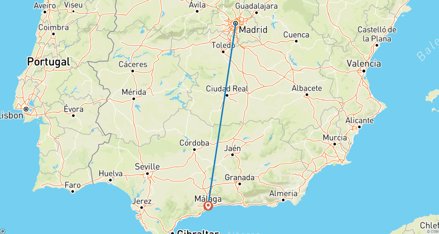 Mapa trasy: 7-dniowa wycieczka Madryt i Malaga pociągiem