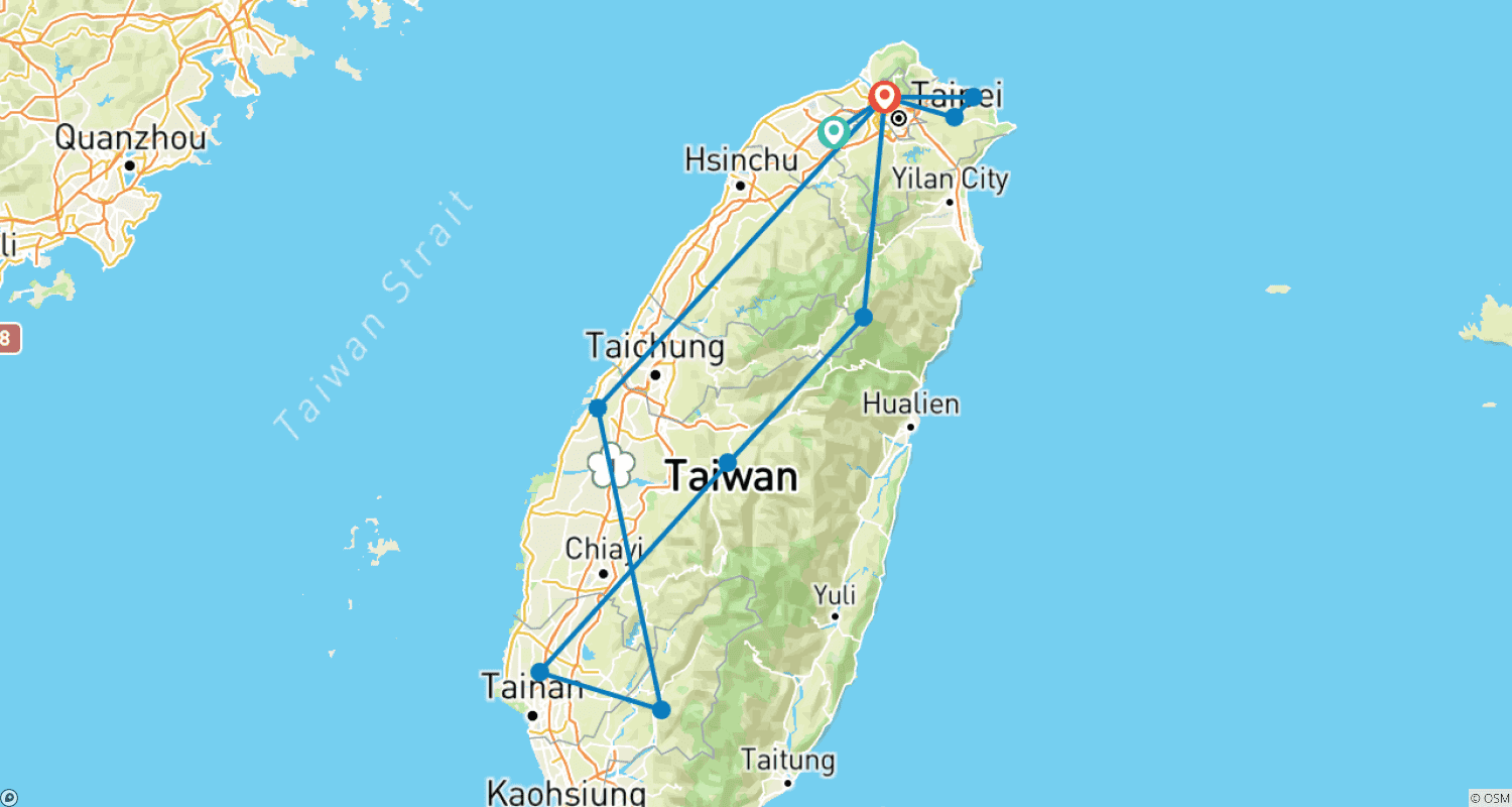 【Taiwan】10 Days Discover Formosa Tour Packageのルートマップ