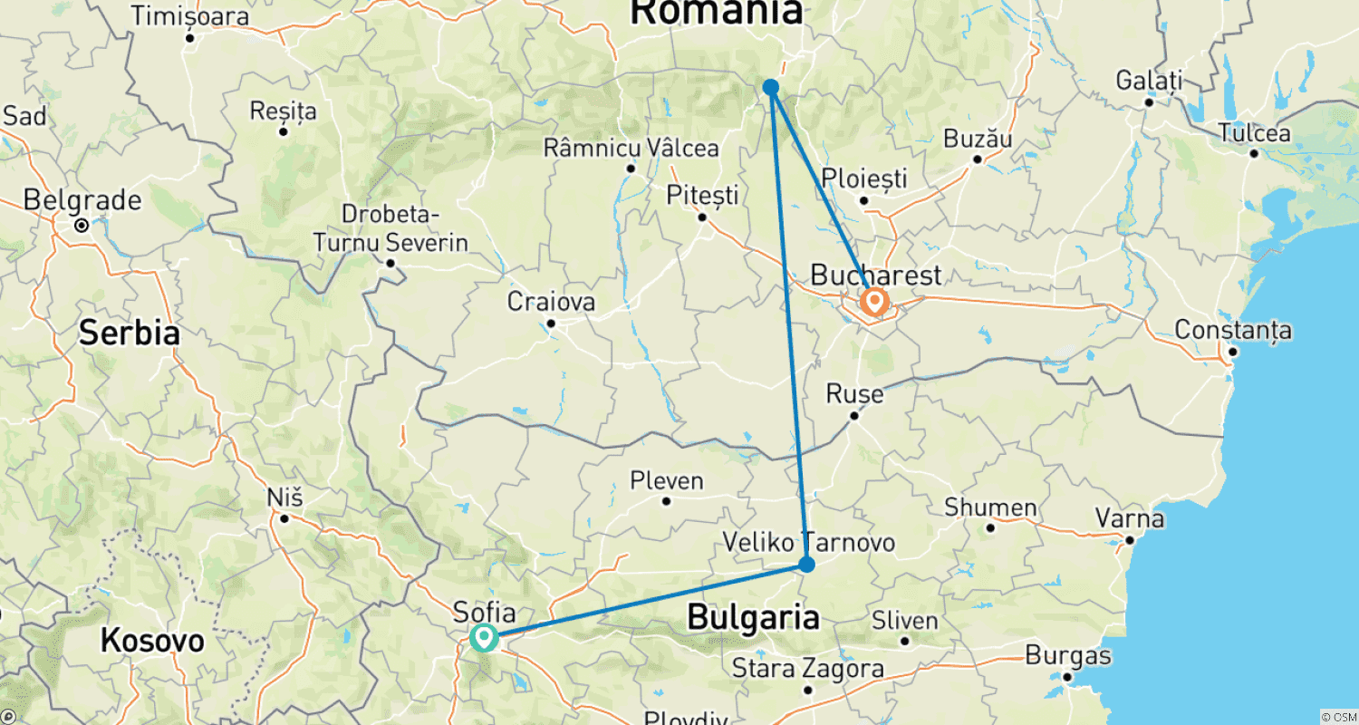 Mapa trasy: Sofia to Bucharest short Discovery Tour - Small Group Tour