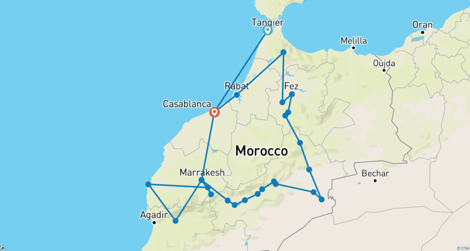 Mapa do percurso de Tour Privado de 15 Dias pelo Marrocos Imperial e Deserto saindo de Tânger