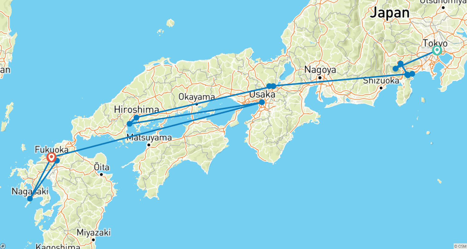 Mapa do percurso de 12 Dias Explorando o Coração do Japão (Guia e Motorista Privados) - Umetravel