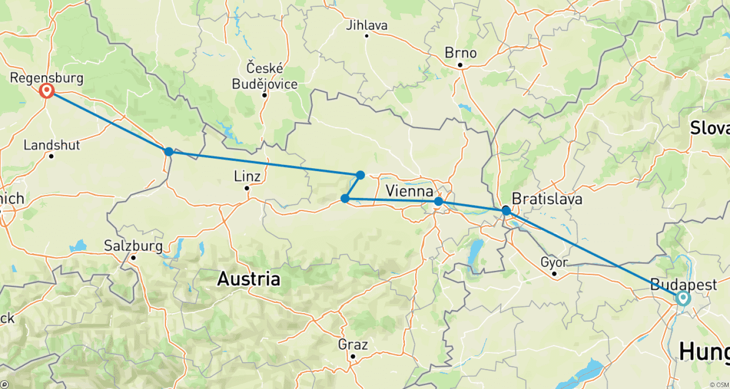 خريطة مسار Danube Delights 2026 - 8 Days (from Budapest to Munich)