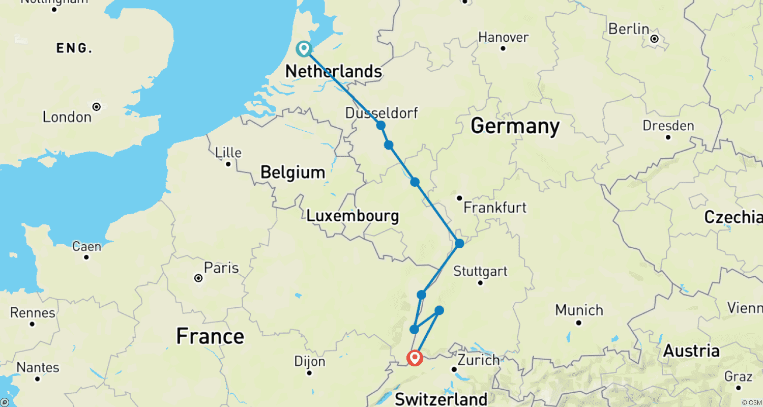 Mapa trasy: Jarmarki Bożonarodzeniowe na Renie 2026 - 8 dni (z Amsterdamu do Bazylei)