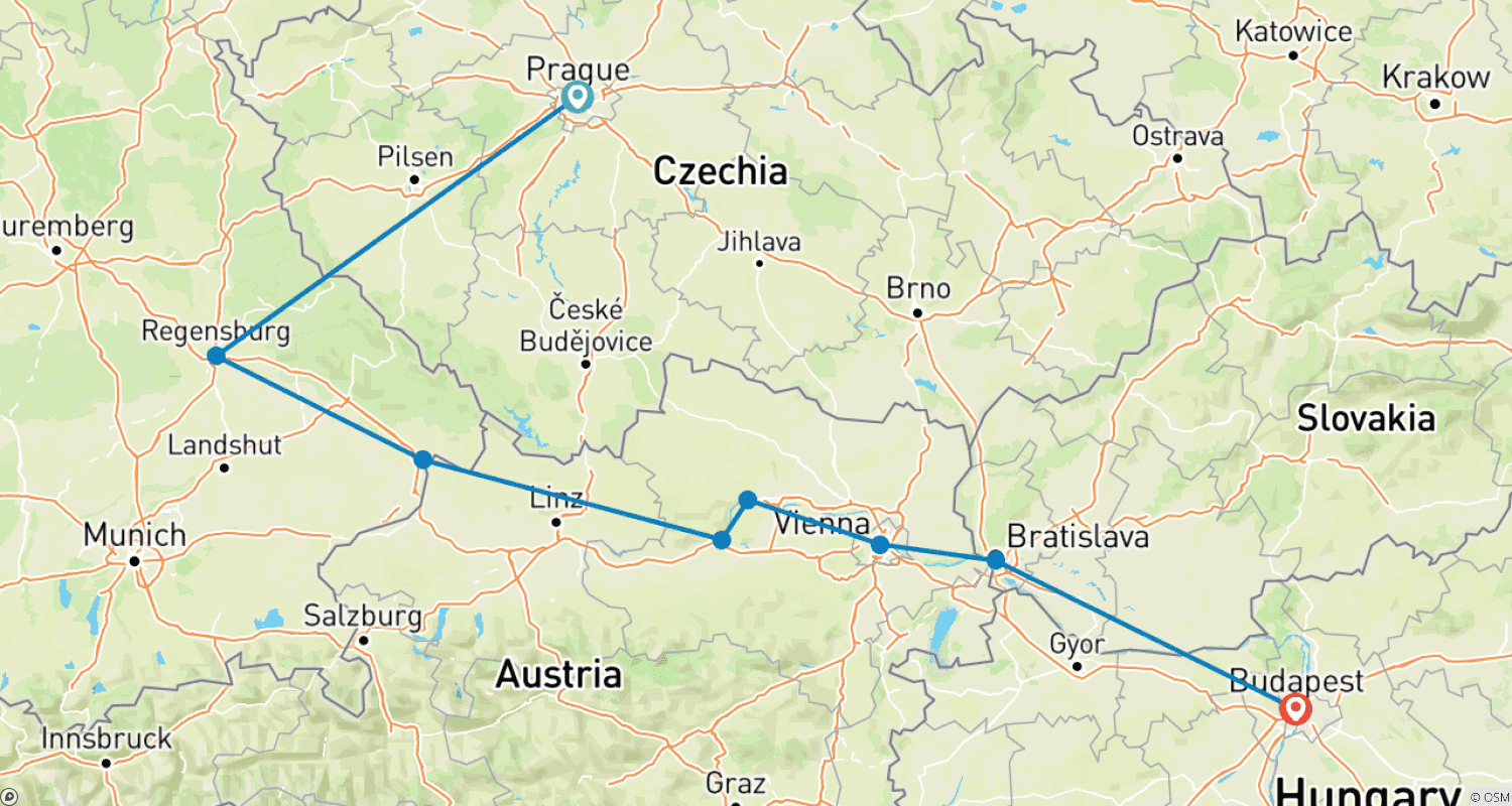 Mapa trasy: Classic Prague & Danube Delights