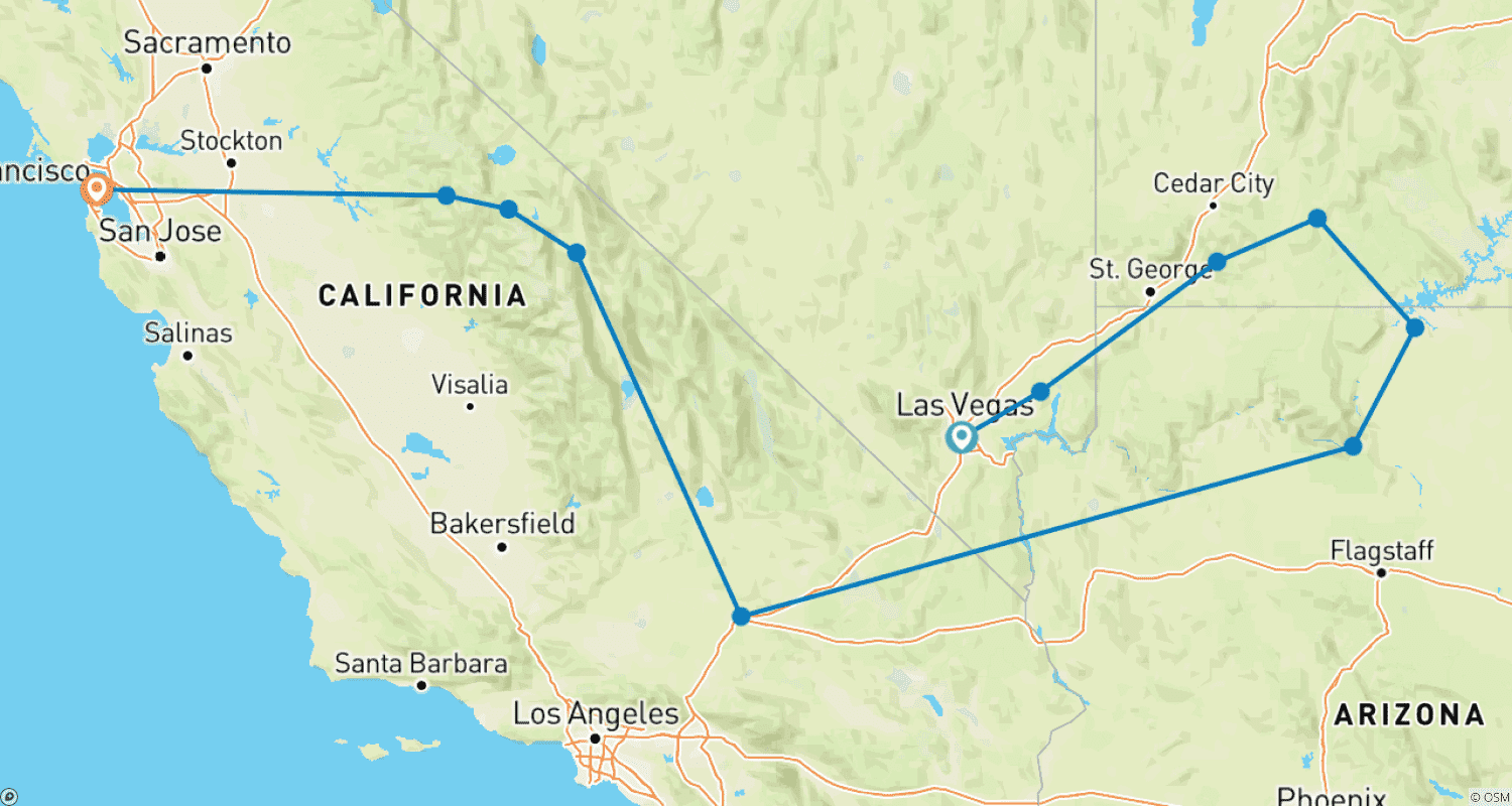 Mapa trasy: American Classics | Wycieczka piesza i kempingowa po Południowo-Zachodnich USA - 12 dni