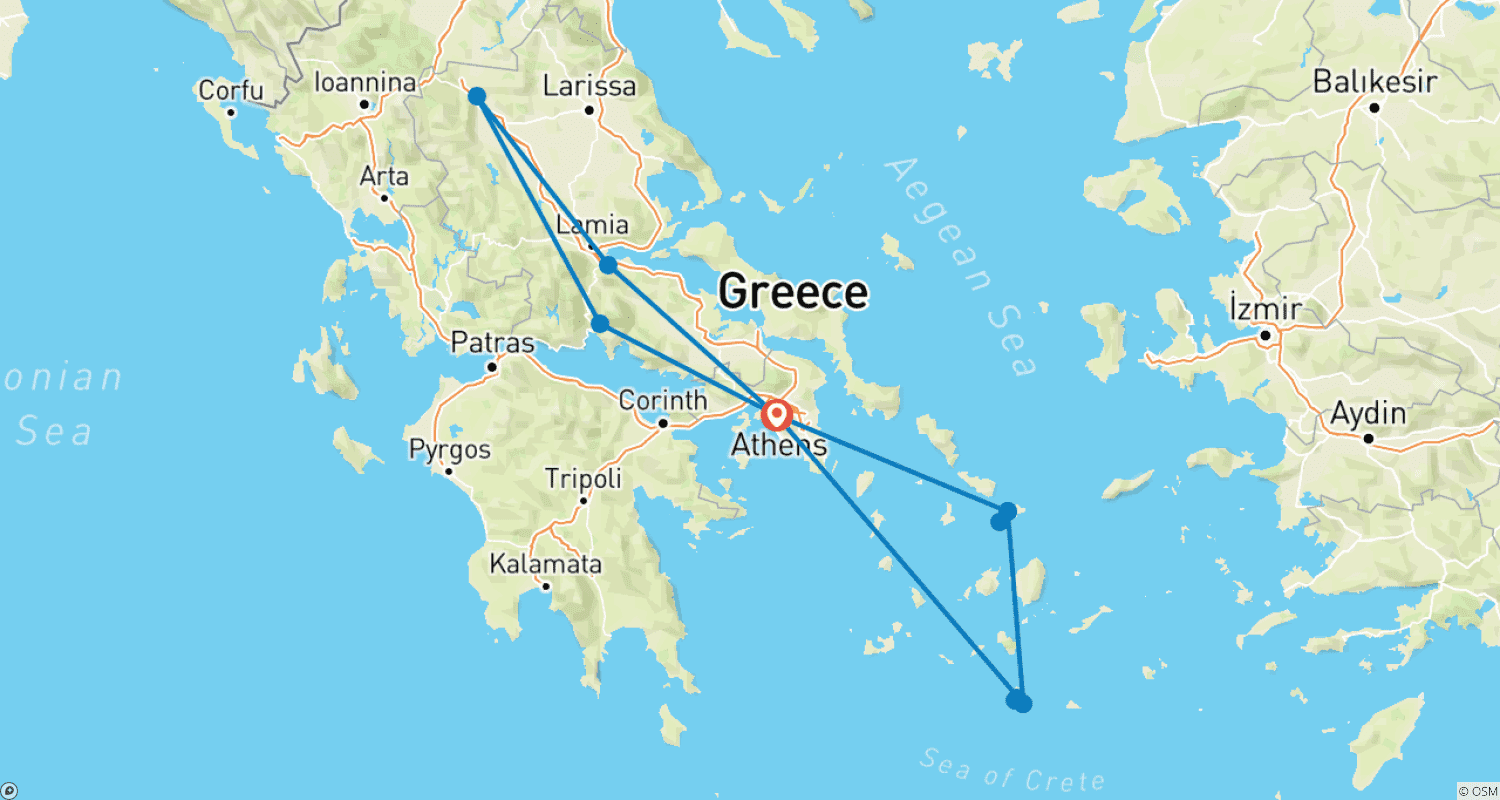 Mapa trasy: Przygoda z Aten do Mykonos, Santorini i Meteor z lotem/promem w cenie - Wycieczka w małej grupie