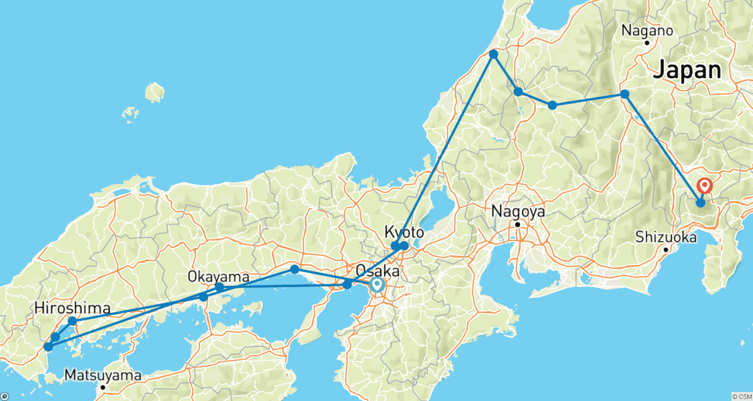 Mapa trasy: 15 Dni Głębokie Zanurzenie w Kulturę Japonii (Prywatny Przewodnik i Kierowca) - Umetravel