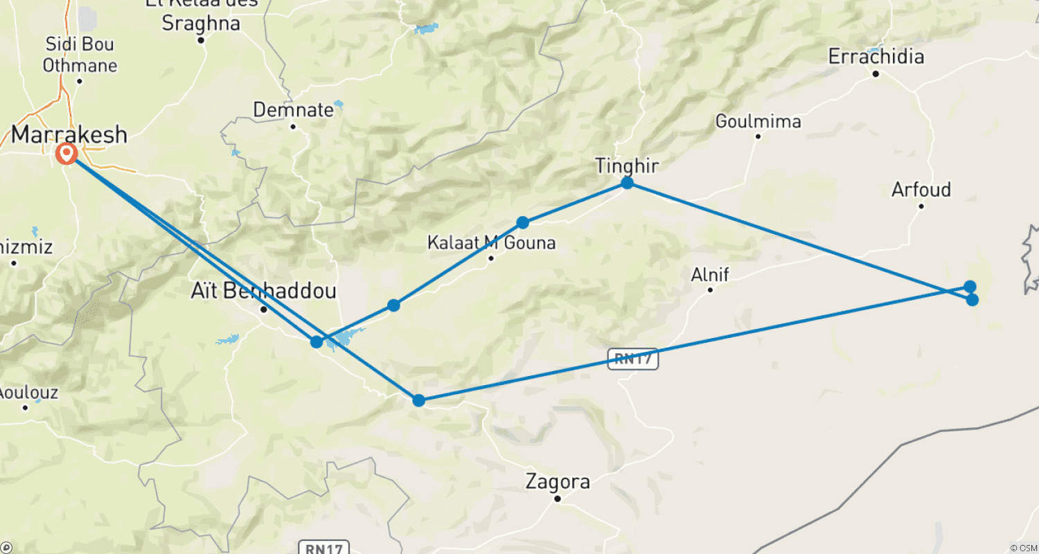Mapa trasy: 3-dniowa wycieczka po Saharze w Maroku z Marrakeszu do wydm Merzouga i luksusowego obozu na pustyni